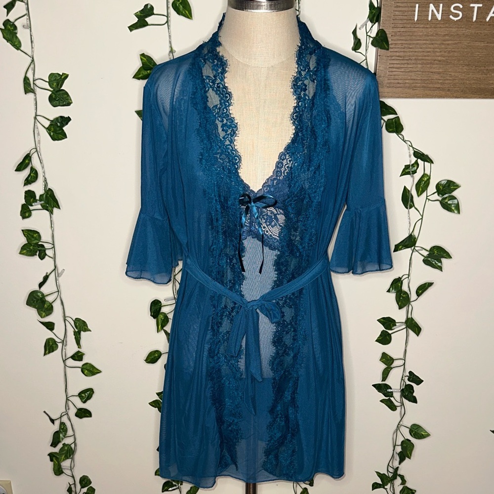 Blue Mesh Lace Trimmed Lingerie Robe and Slip Dress Set